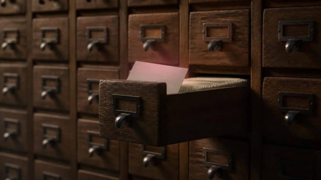 Fichier de cartes d'archives en bois, un tiroir ouvert et une fiche soulevée sous la lumière : être la source que les IA viennent citer